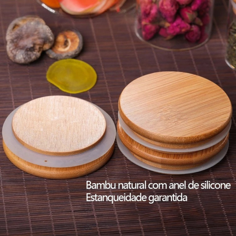 Kit Potes de Vidro  com Tampa em Bambu (200ml) [Pague 4 Leve 6]